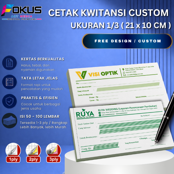 Kwitansi Custom 1/3 kwitansi pembayaran, kwitansi spp, kwitansi custom gratis design dan logo - Foku