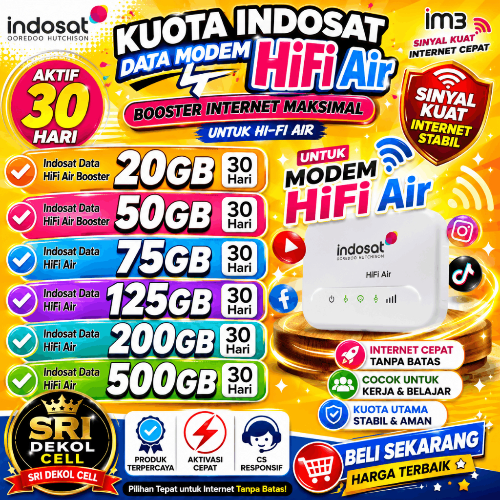 Kuota Internet Indosat HiFi Air Booster 30 Hari 20GB 50GB 75GB 125GB 200GB 500GB | Aktif Cepat | Gar