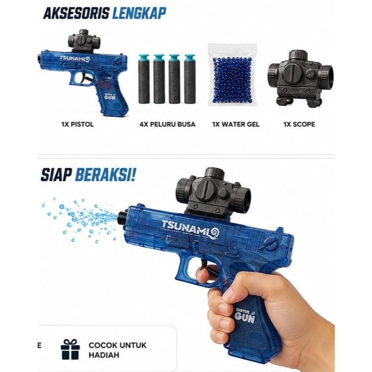 -Saker Glock Pistols Water Gel Gun 2 in 1 Mainan Pistol Water Gel & Peluru Busa Foam Dart + Scope An