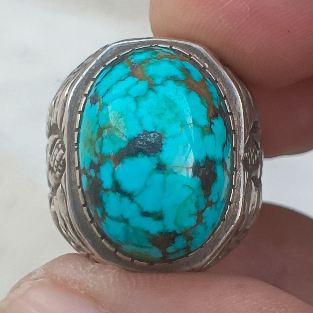 pirus Persia biru ring perak ukir handmade