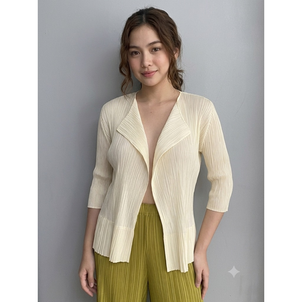 Issey Miyake Pleats Please Open front cardigan light yellow