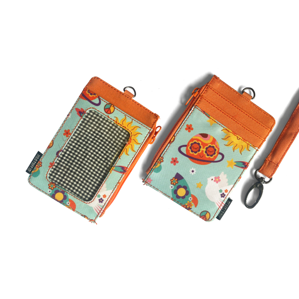 Gantungan Id Card Holder Lanyard Kantor Warna Orange Kain Name Tag Kalung Zipper Mika Waterproof