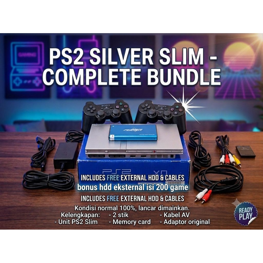 PS2 Slim SCPH-79001 Matrix Fullset Original Bekas Normal Siap Main 2 Stik Memory Card Playstation 2