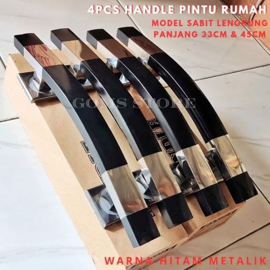 (4biji) handle pintu rumah model kotak lengkung sabit warna hitam untuk pintu depan kupu tarung