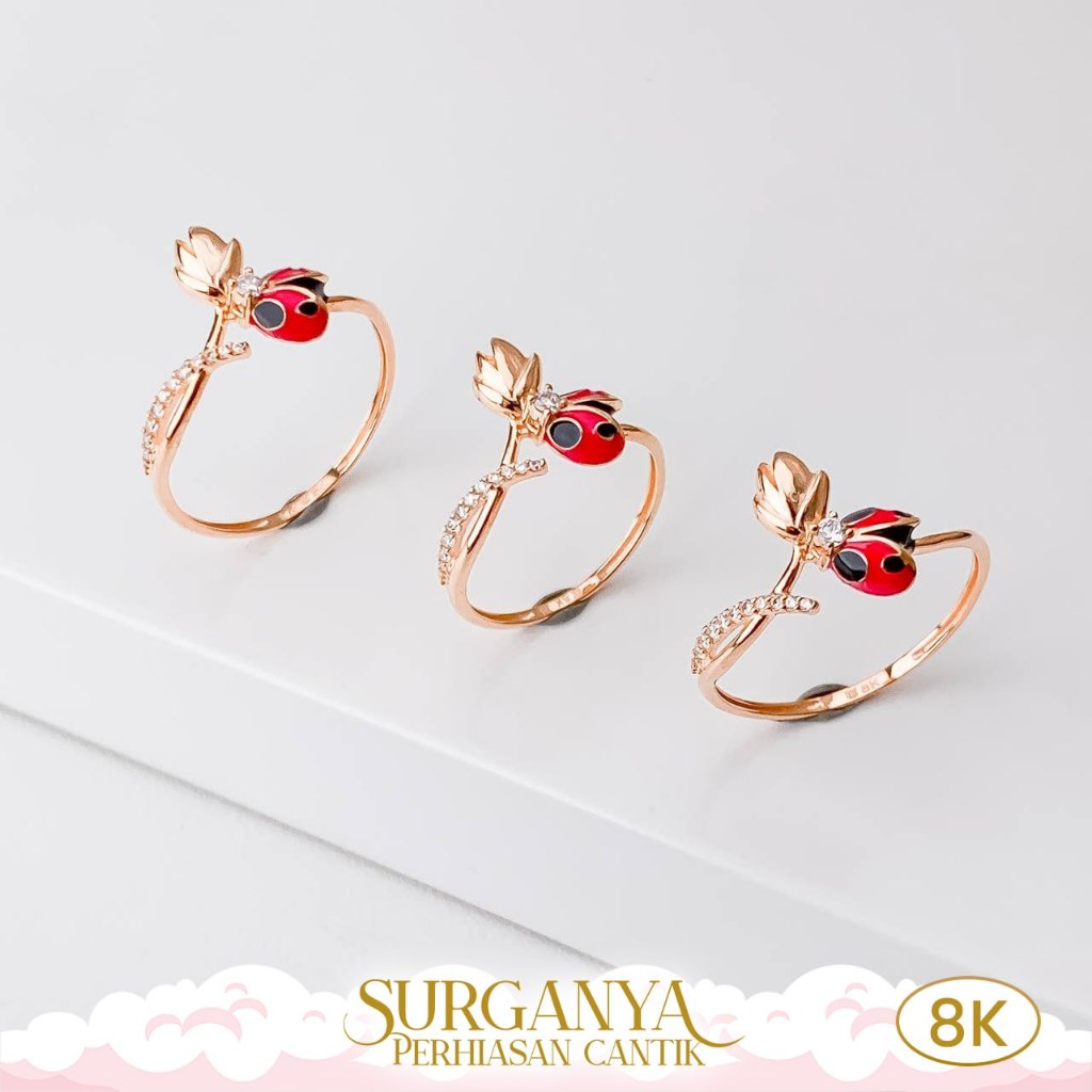 Cincin Emas Kadar 8K New Model Bunga Tulip dan Kepik Macan Gold