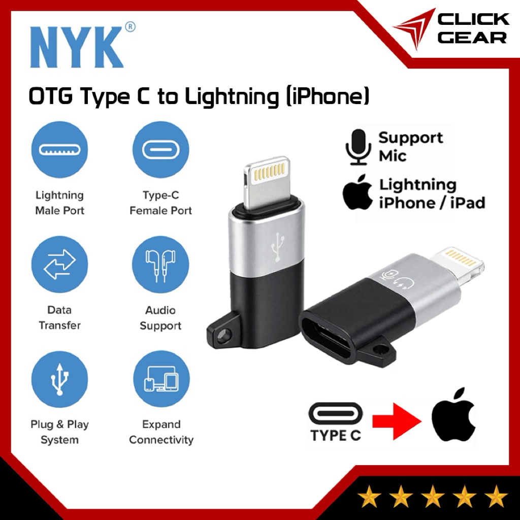 [BISA MIC] NYK USB Type C Female to Lightning Male OTG 5A - Microphone Mikrofon Audio Earphone Heads