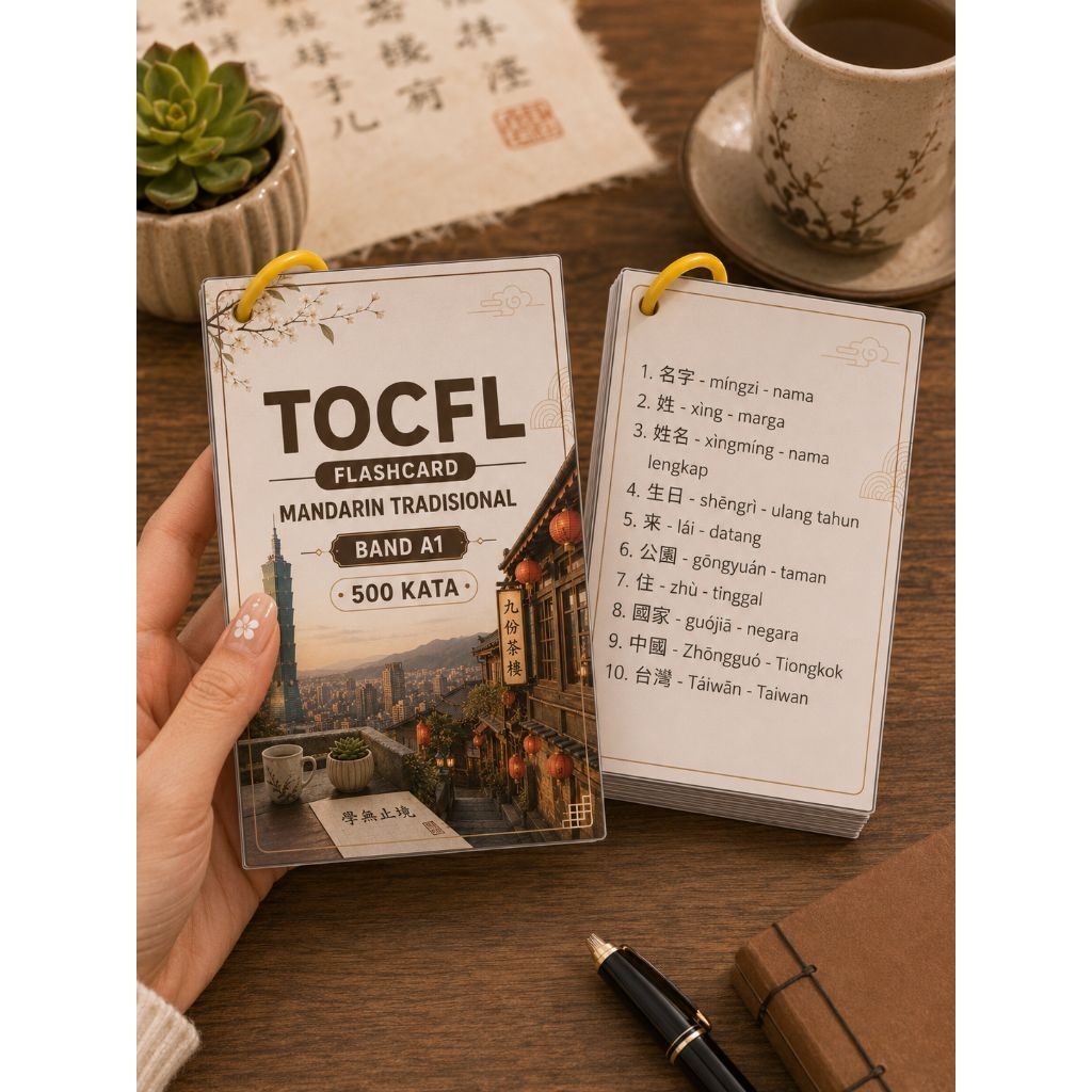 Flashcard Fisik Mandarin Tradisional (Taiwan) – TOCFL A1 & A2 – 500 Kata dengan Pinyin dan Arti