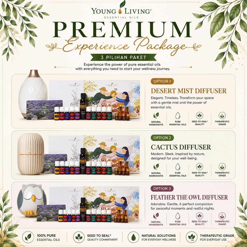 YOUNG LIVING PEP PREMIUM EXPERIENCE PACKAGE STATER KIT 1 BOX OIL + 1 DIFFUSER PILIHAN SEGEL DESERT M