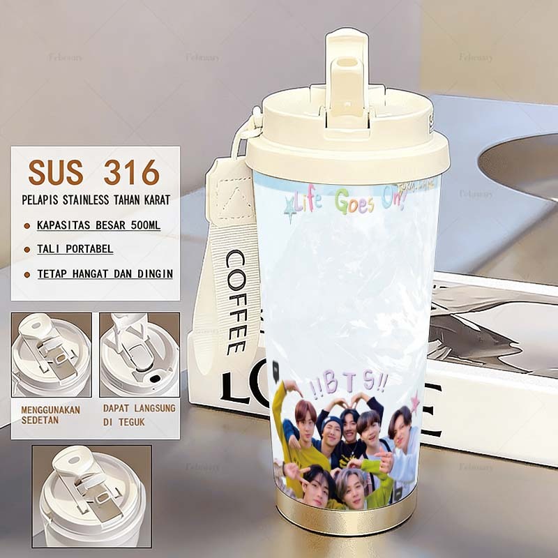 Portable BTS 500ML Tumbler Minum Stainless Steel 316 Tumblr CUP Termos Coffee kopi tahan panas dingi