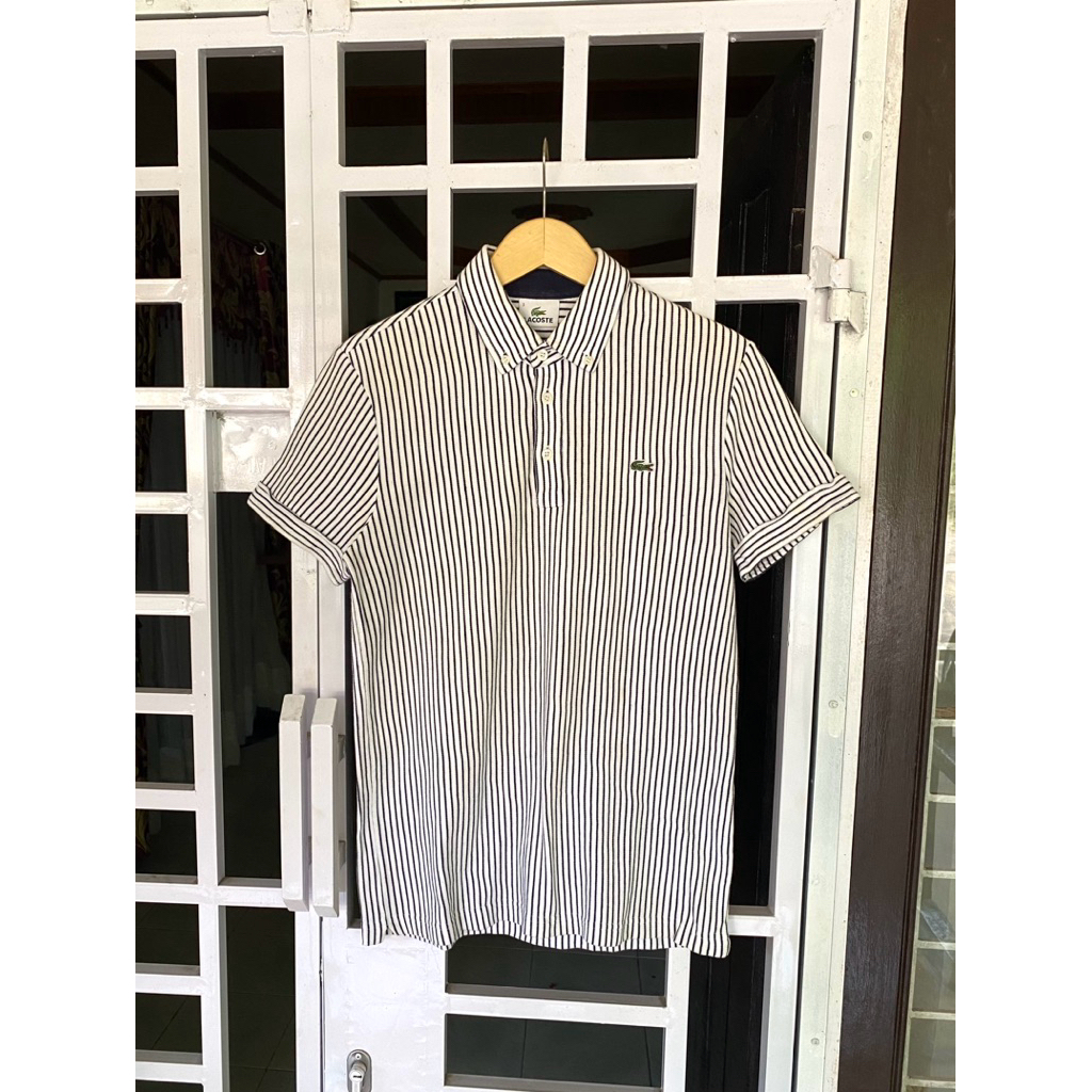 Kaos kerah poloshirt polo atasan laki laki cowok pria casual salur garis strip putih hitam lacoste s