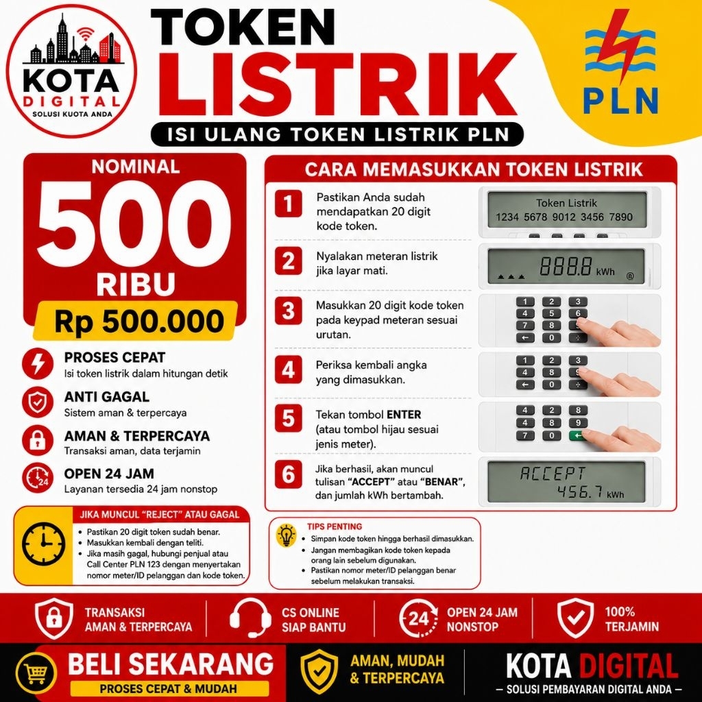 TOKEN LISTRIK PLN 500 RIBU – KOTA DIGITAL | OPEN 24 JAM