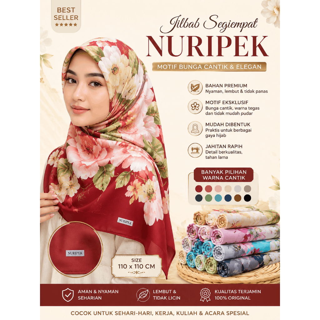 Nur Ipek Jilbab Segiempat Turki Nuripek Motif Bunga Premium 110x110 Hijab Silk Floral Lembut Anti Ge