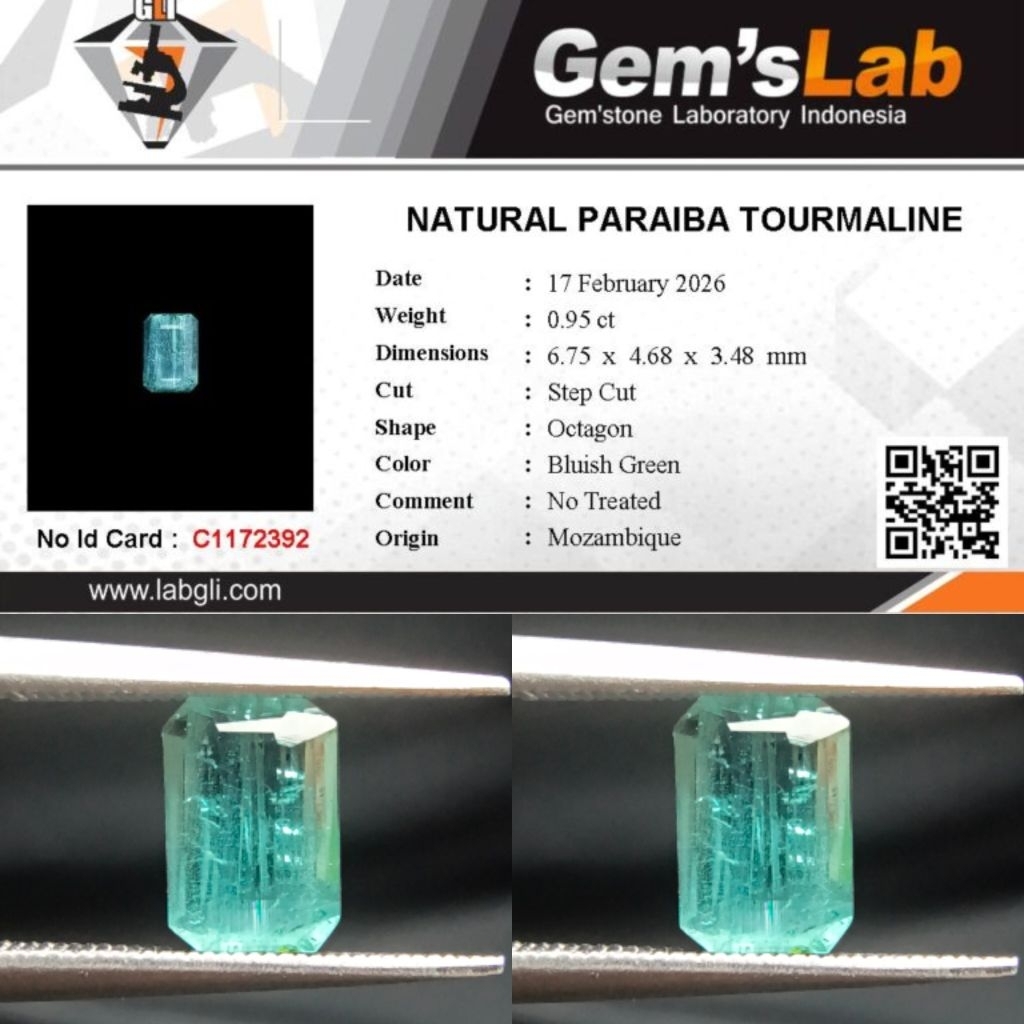 0,95 cts Natural Paraiba Tourmaline origin Mozambique No Treatment Memo GLI