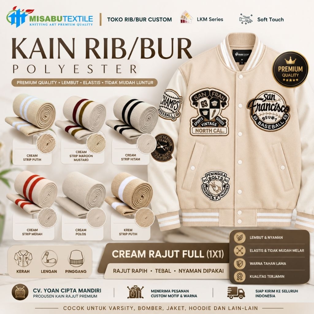 Kain Rib/bur polyester krem muda rib jaket dan celana