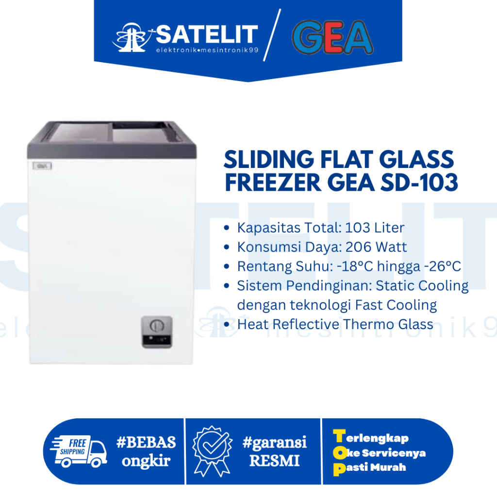 Sliding Flat Glass Freezer GEA SD-103 100L | Freezer Kaca Geser Hemat Listrik Cocok untuk Es Krim & 