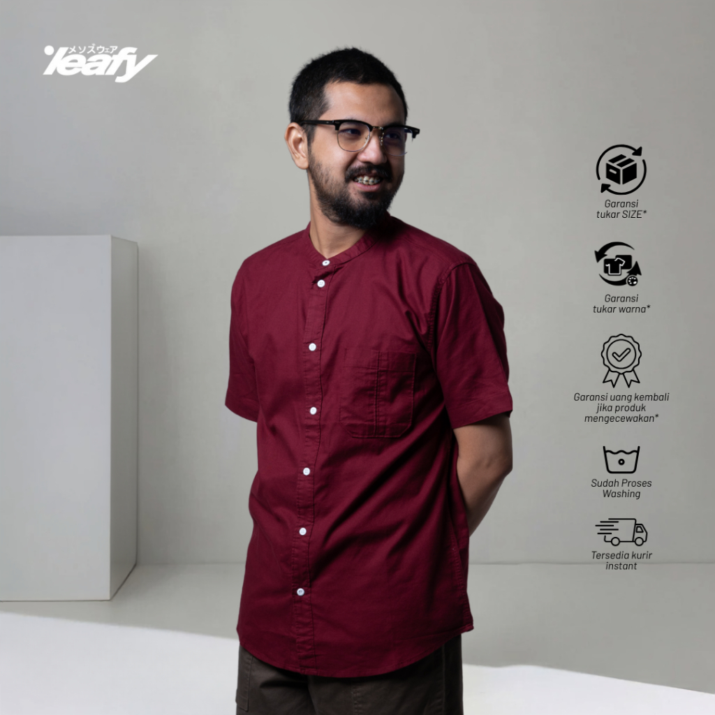 LEAFY - NR 328 Kemeja Koko Basic Pria Lengan Pendek Katun | Baju Atasan Muslim Kemko Cowok Dewasa