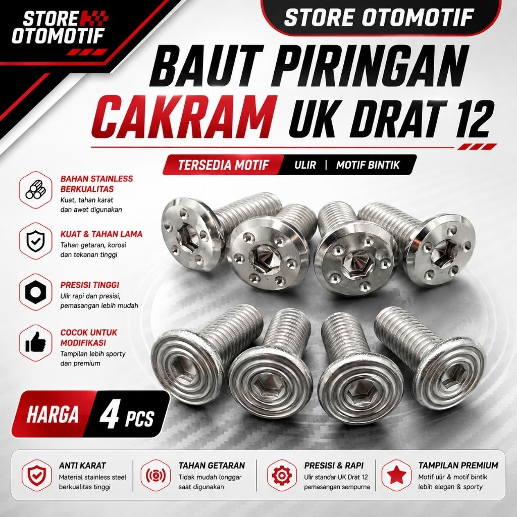 PROMO 4 BIJI BAUT CAKRAM UK 12 BAUT STAINLESS  PROBOLT DISC UNIVERSAL HONDA YAMAHA BEAT MIO VIXION S