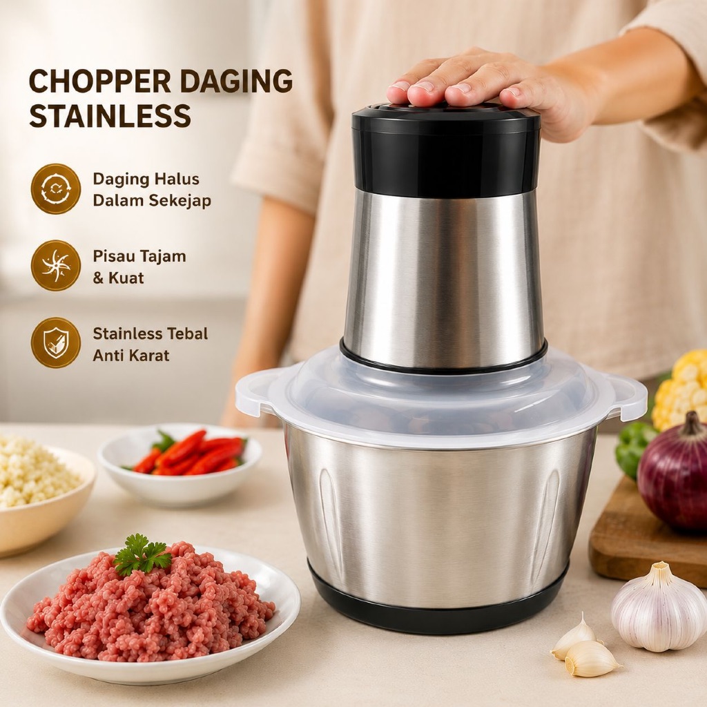 Chopper Daging Stainless Blender Mini Giling Daging Sayur Bawang Manual Serbaguna Tajam