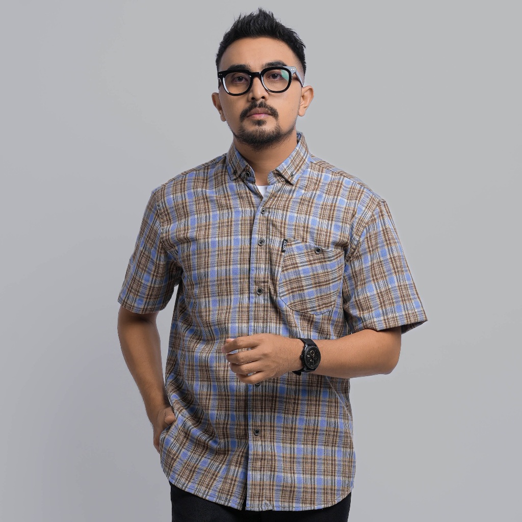 PAKAJI Kemeja Pendek Kemeja Pria Flanel Pendek Kemeja Flanel Pendek Flanel Pria Pendek Biru Garis Co