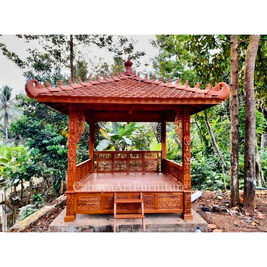 GAZEBO UKIR KAYU JATI UKURAN 3x3 METER | GAZEBO TAMAN KAYU JATI JOGLO