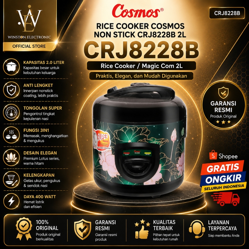 RICE COOKER COSMOS NON STICK CRJ8228B 2L/CRJ-8228B/CRJ-8228-B/CRJ 8228/100%ORIGINAL BERGARANSI RESMI