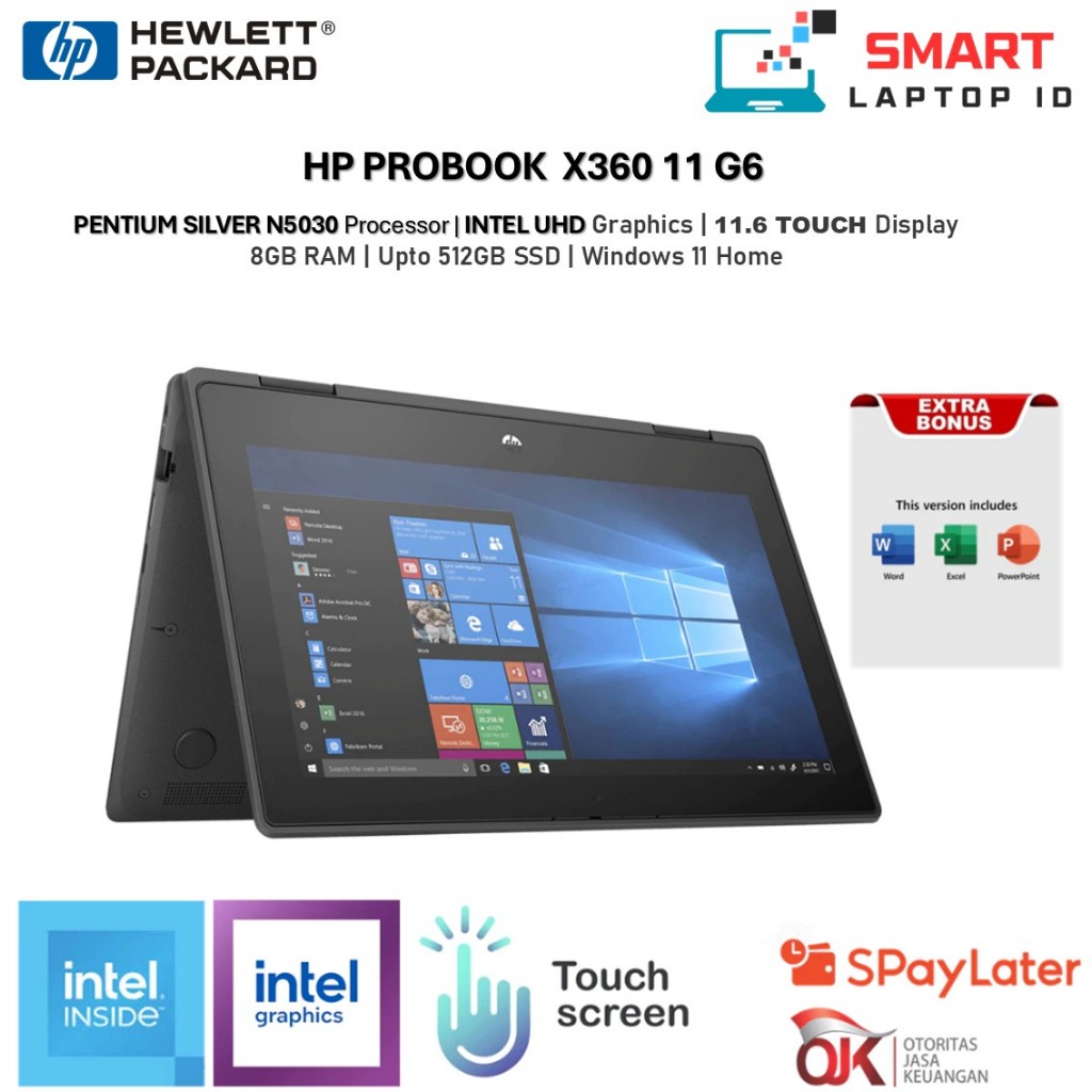 Laptop Murah HP PROBOOK X360 11 PENTIUM SILVER N5030 RAM 8GB SSD 512GB Windows 11