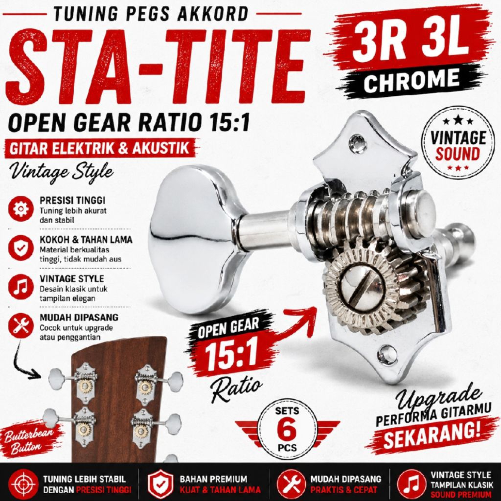 ‎Dryer Gitar Elektrik Akustik Tuning Peg Akkord Sta-Tite 3R 3L Vintage Style Butterbean Button Chrom