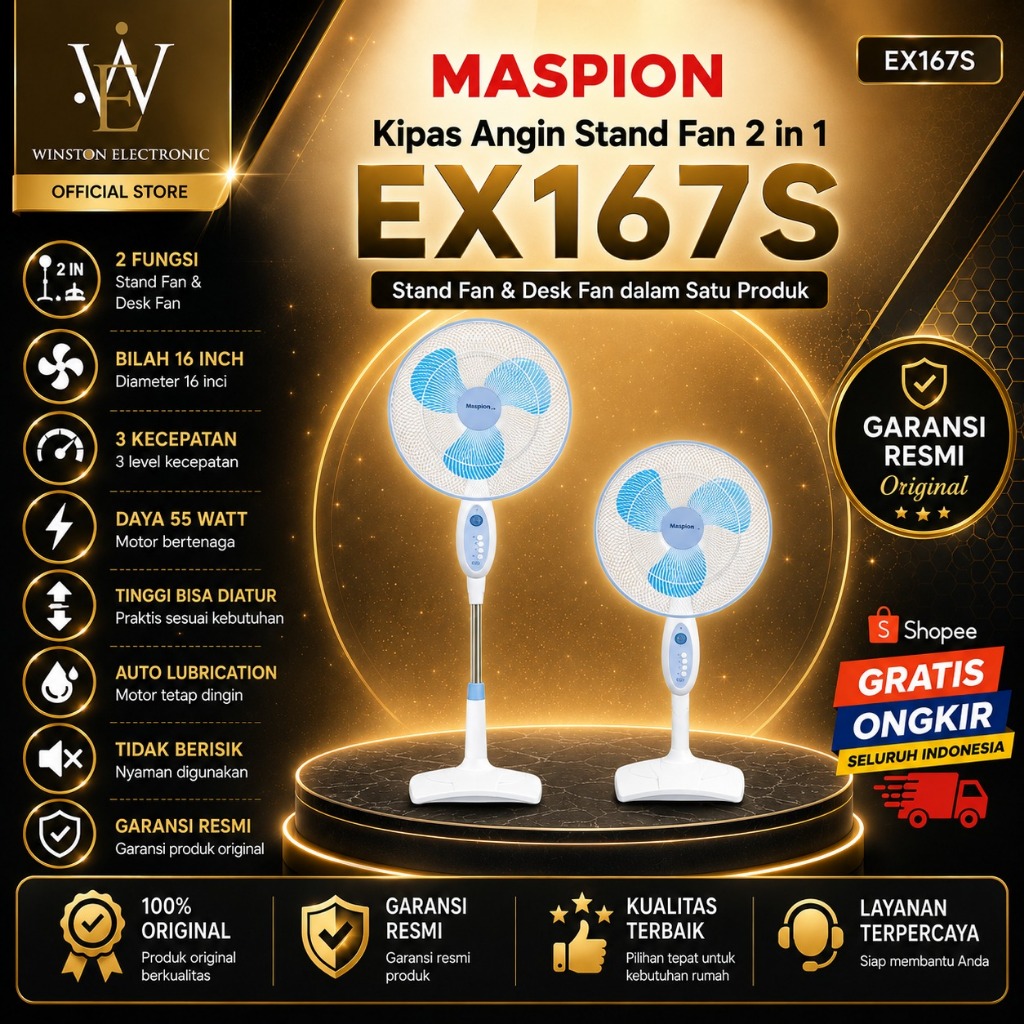 KIPAS ANGIN MASPION EX 167 S STAND FAN KIPAS BERDIRI/EX-167-S/EX167S/EX 167 S/ORIGINAL GARANSI RESMI
