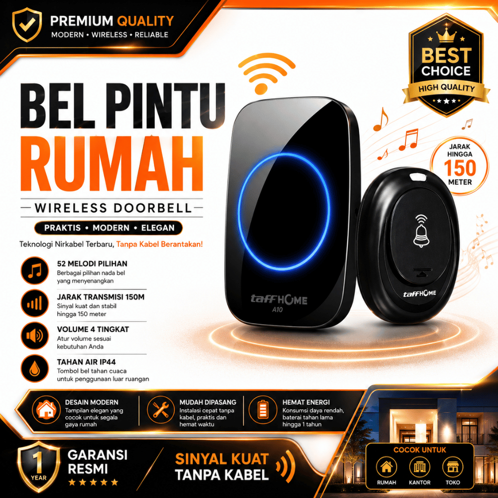 Bel Pintu Rumah Wireless Anti Air Tanpa Kabel dengan EU Plug  - Black