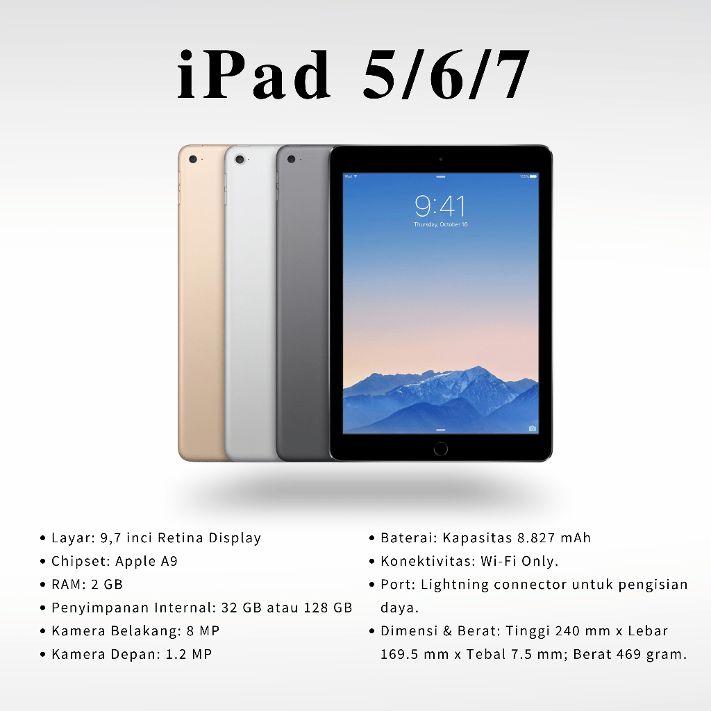 (COD)APPLE IPAD GENERASI  5, dan 6 dan 7 | 32 GB - 128 GB | WIFI ONLY BERGARANSI  SECOND ORIGINAL IN