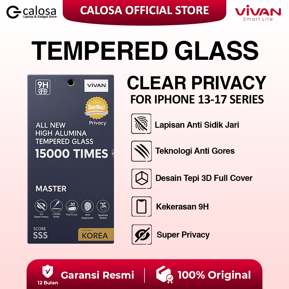VIVAN TEMPERED GLASS IP VGS04-1 VGS04T Clear Privacy untuk iphone 13/13 pro/14/15/15 pro/16/16 pro/1
