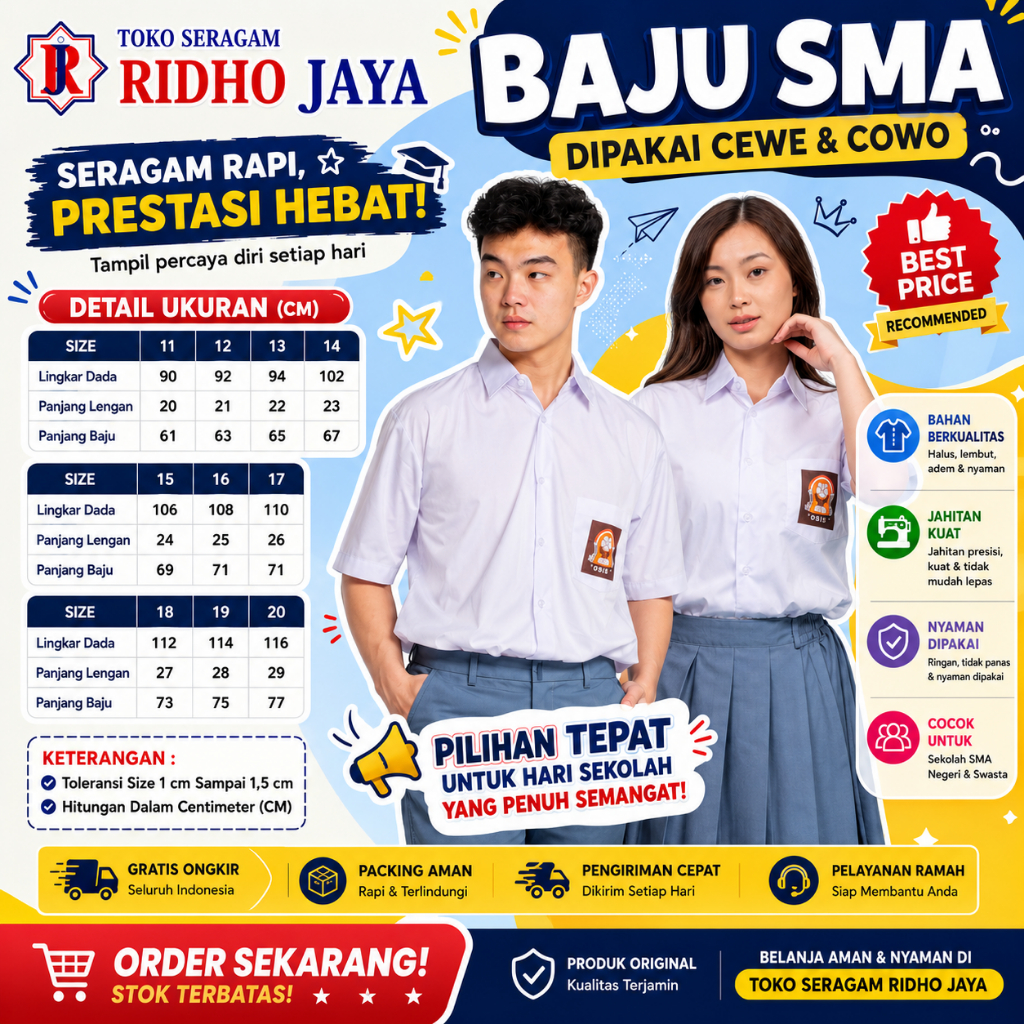 Seragam Sekolah SMA Baju Seragam Sekolah SMA Kemeja Putih Lengan Pendek Seragam Sekolah Ridho Jaya B