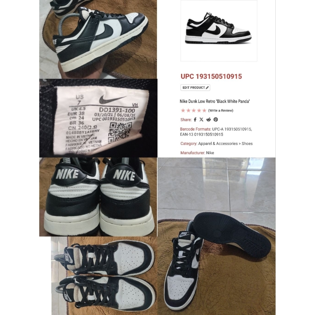 Sepatu Preloved Second Original Nike Dunk Low Panda Size 38