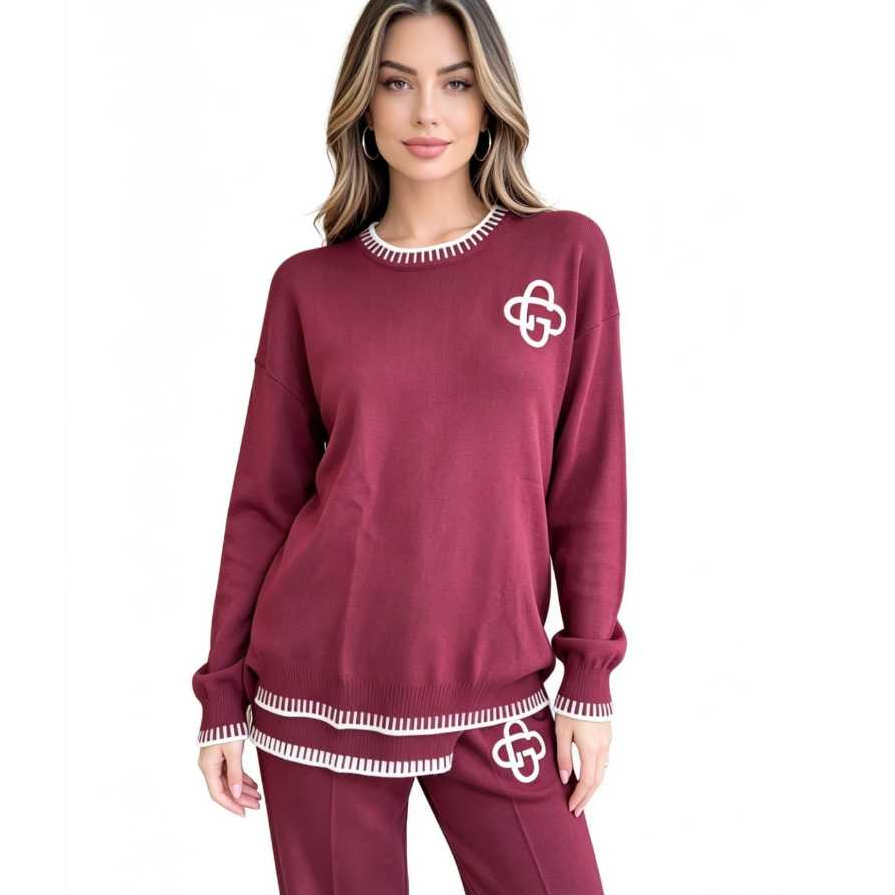 ONE SET KNITWEAR PLOYPA STUDIO WANITA MAROON POLOS BORDIR BUNGA