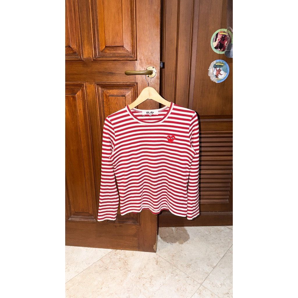 Play CDG Striped Red Tshirt Long Sleeve Kaos Salur Garis Merah Putih size S