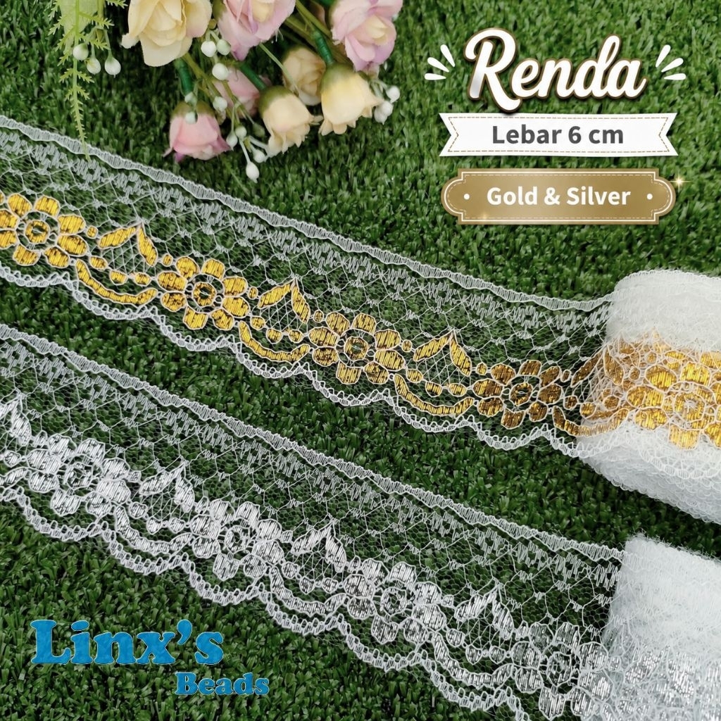 Renda Lebar 6 cm Putih Gold & Putih Silver / Renda Putih Emas & Renda Silver