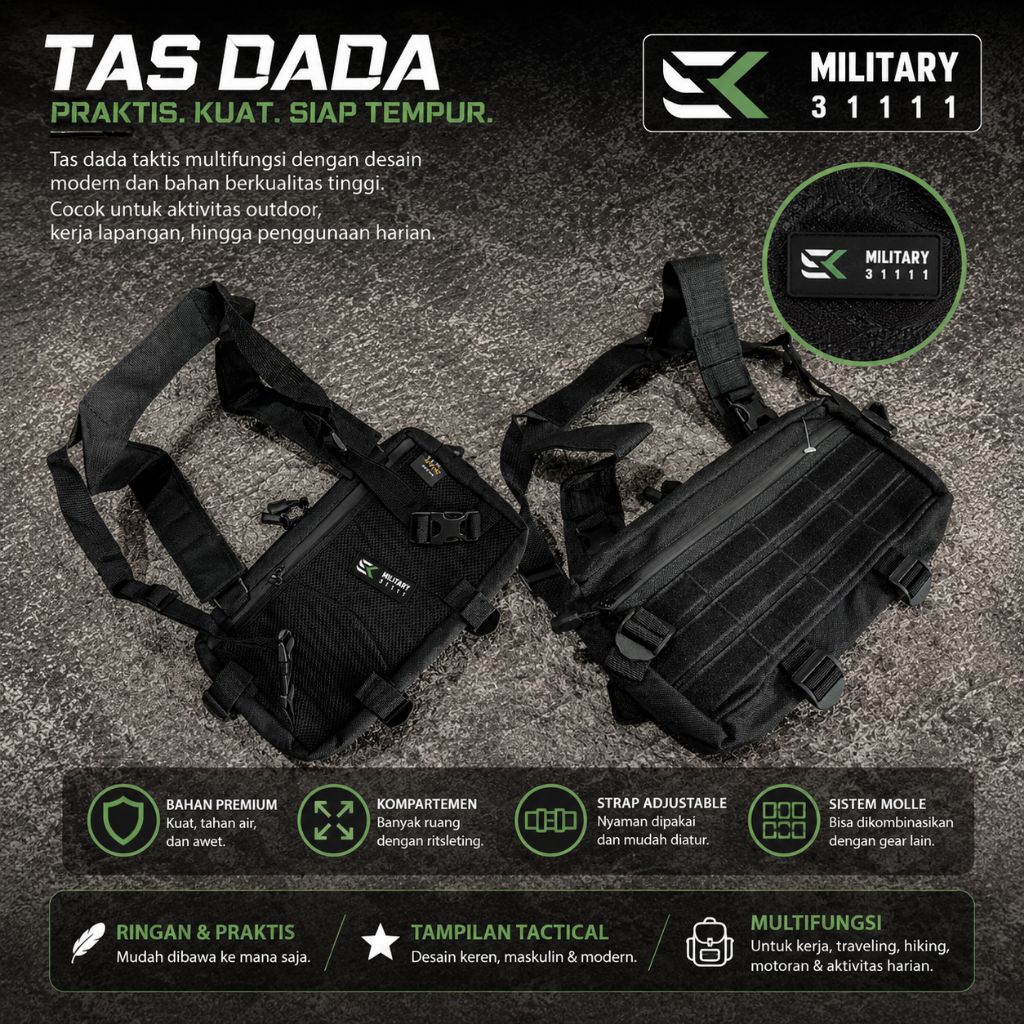 TAS DADA DEPAN PATCH WATERPRUF/HITAM MOTIF/ TAS DADA