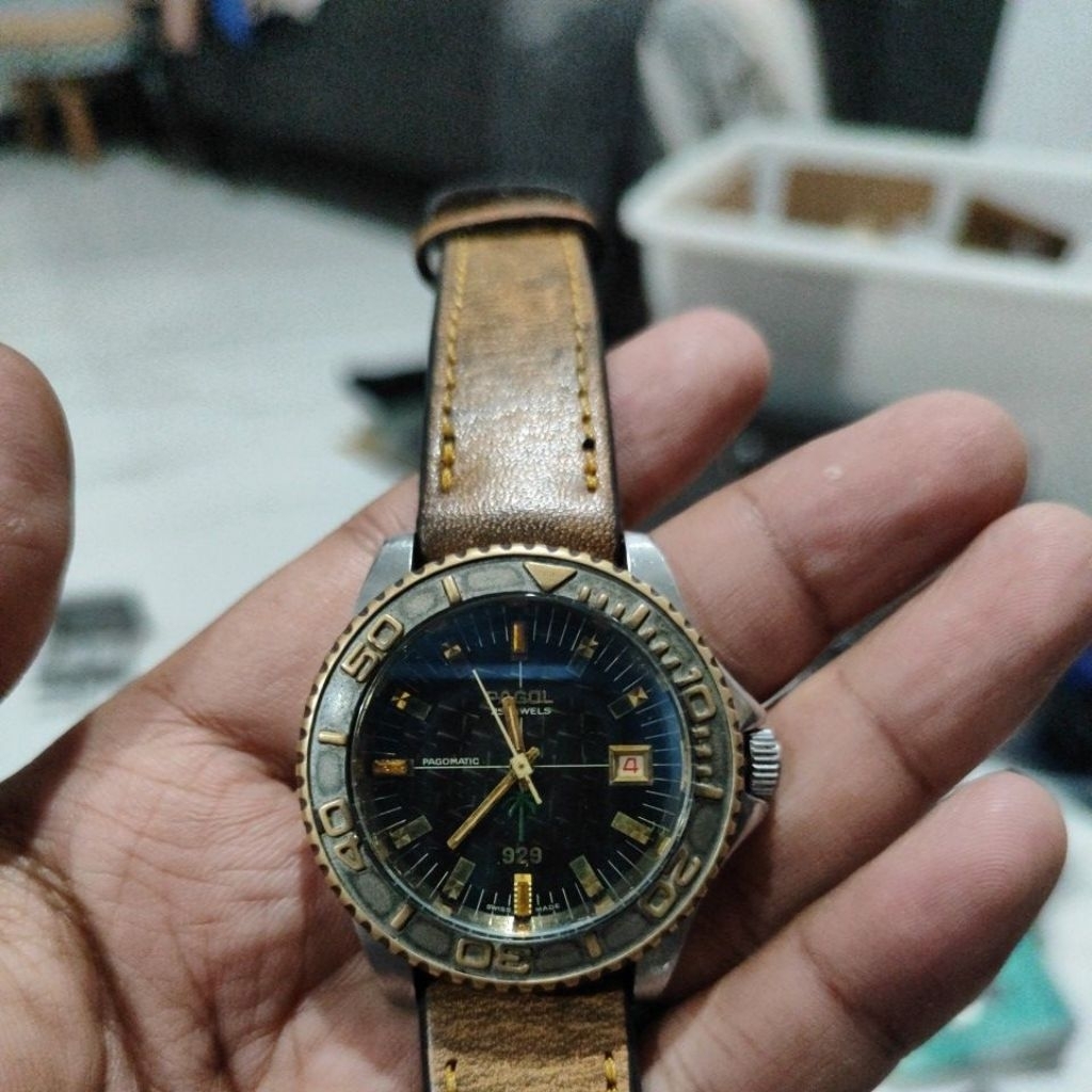 jam tangan vintage pagol 929 mesin eta 2783 work horse mod case diver crown drat