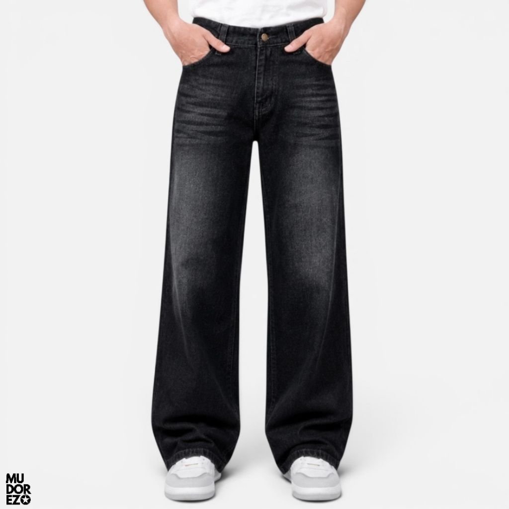 Celana Jeans Pria Wide Leg Baggy Denim Loose Fit Black Whisker
