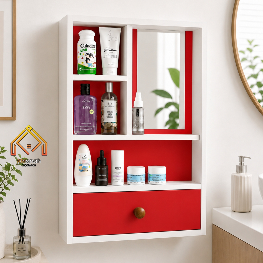 Rak Make Up Gantung Kayu Minimalis Serbaguna RKA555 - Rak Kosmetik Kaca Tolet