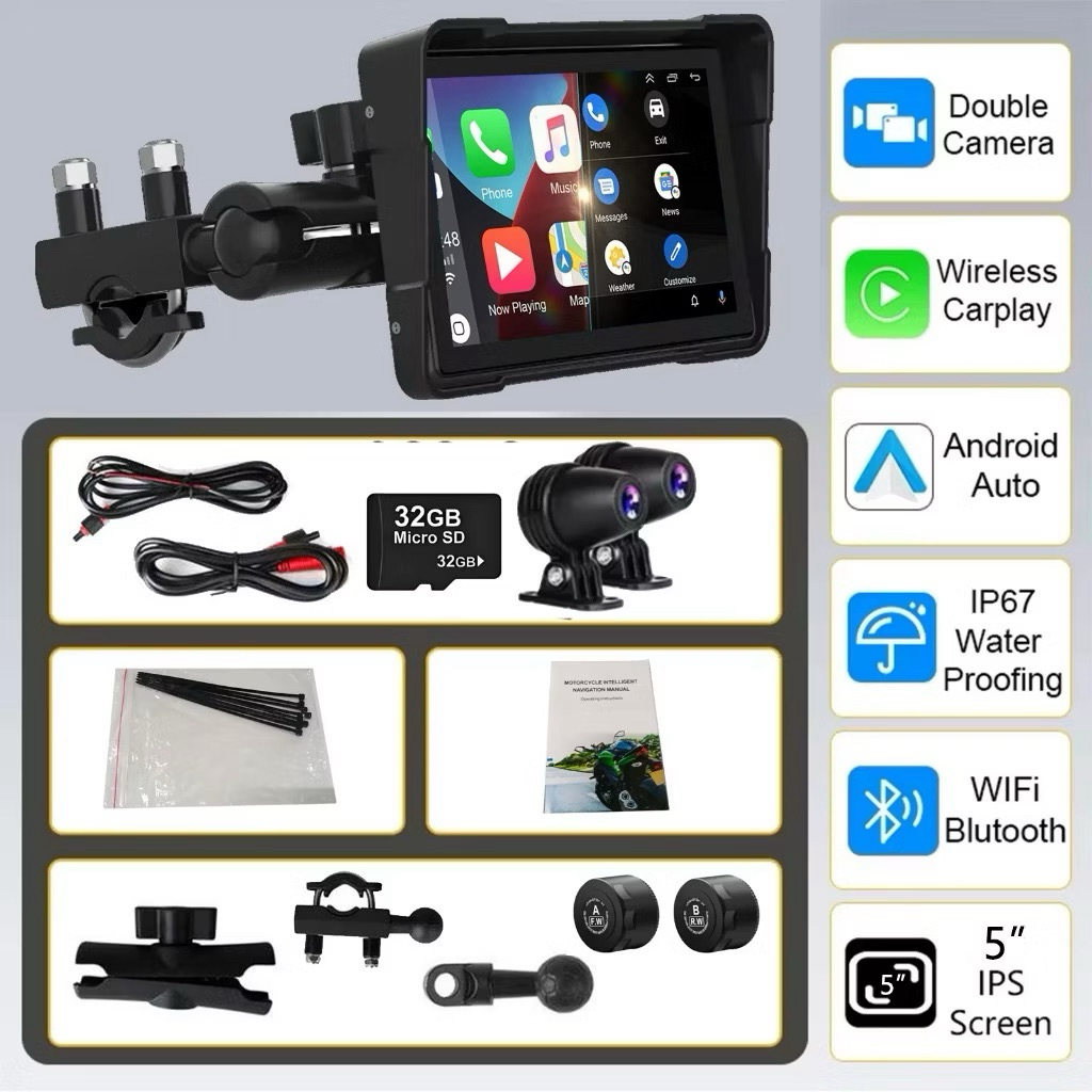 Head Unit GPS Dashcam Camera Depan Belakang Motor Universal 5inc Bonus Memory 64gb