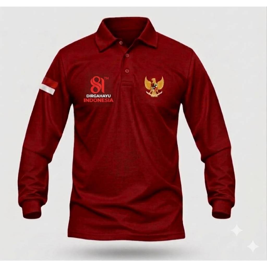 Kaos Polo Unisex Lengan Panjang Logo Garuda + Bendera Ditangan + 81th - Nyaman, Adem, dan Unisex