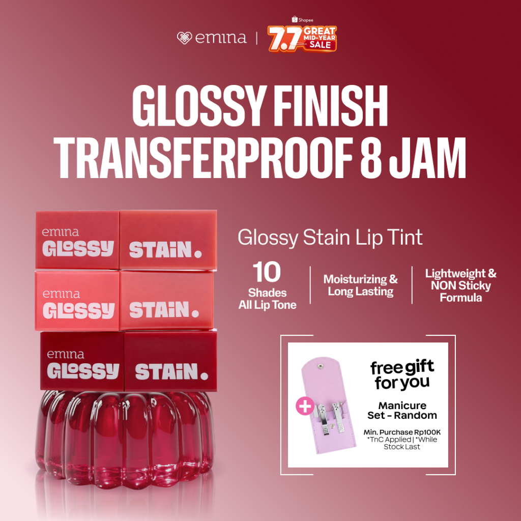 Emina Glossy Stain 3g - Melty Gel Lip Tint, Tahan Lama Transferproof, Melembabkan Bibir, Hasil Glowi