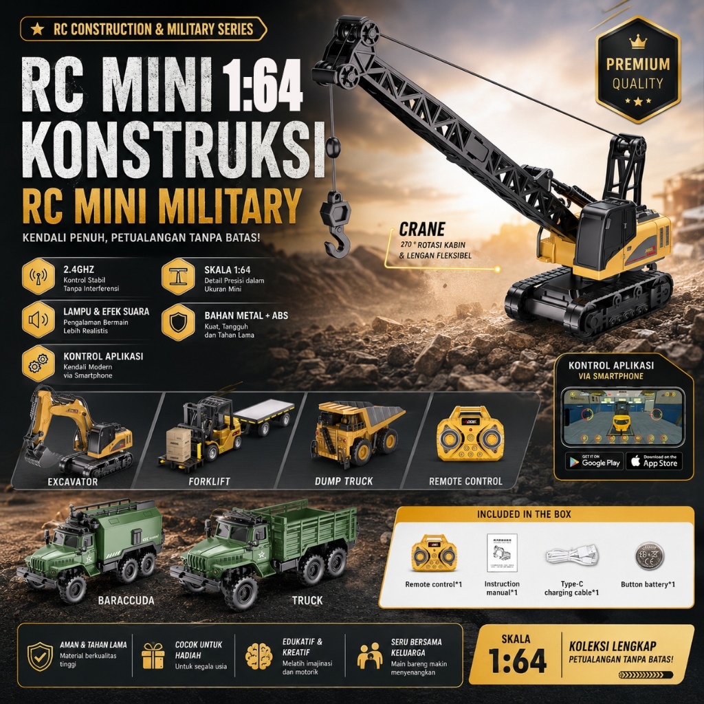 RC Mini Forklift Excavator Crane Dump Truck Military 1:64 Bahan Metal ABS Aplikasi Kontrol