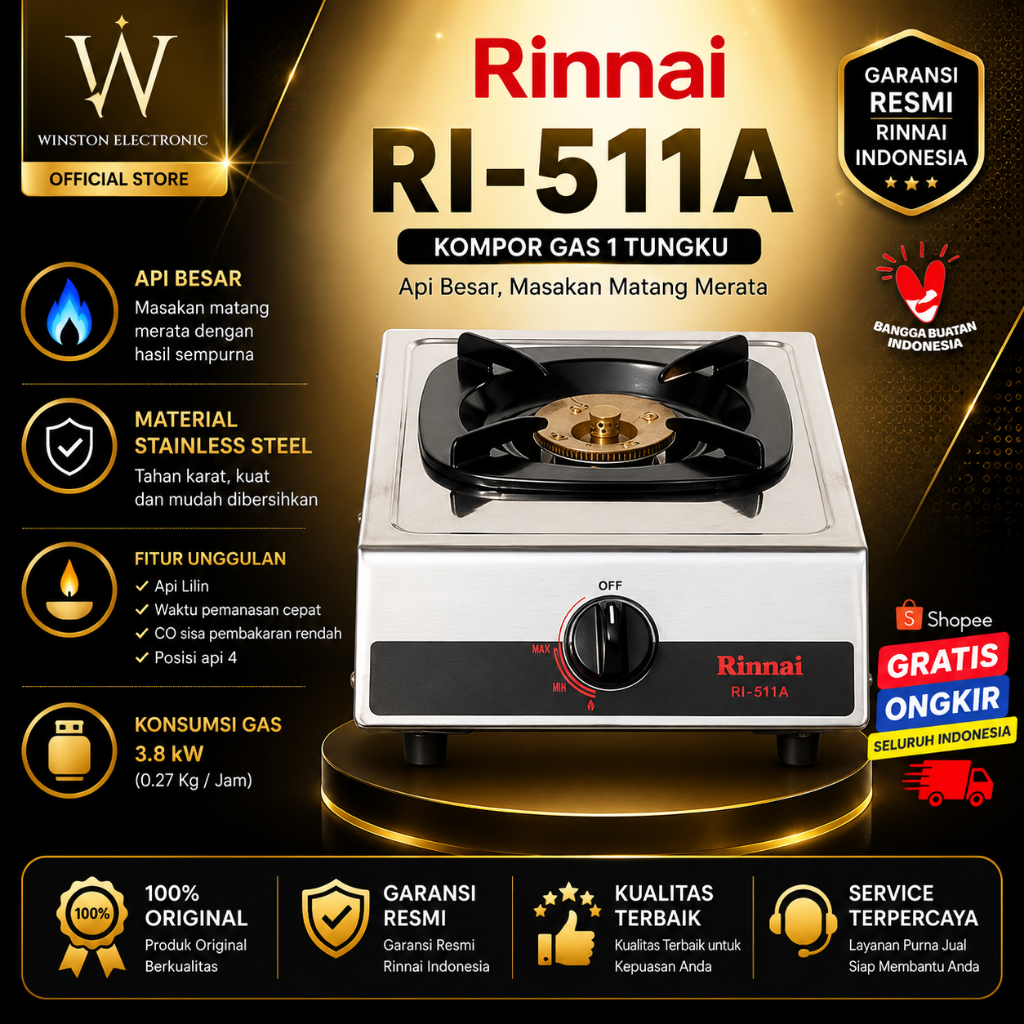 KOMPOR GAS RINNAI 1 TUNGKU RI511A/RI-511A/RI 511A/RI 511 A/KOMPOR GAS 1 TUNGKU RINNAI ORI BERGARANSI