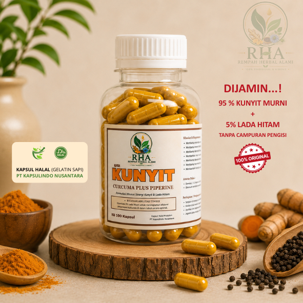 Kapsul Kunyit Lada Hitam 100 Kapsul | 95% Kunyit + 5% Lada Hitam | Curcuma Piperine