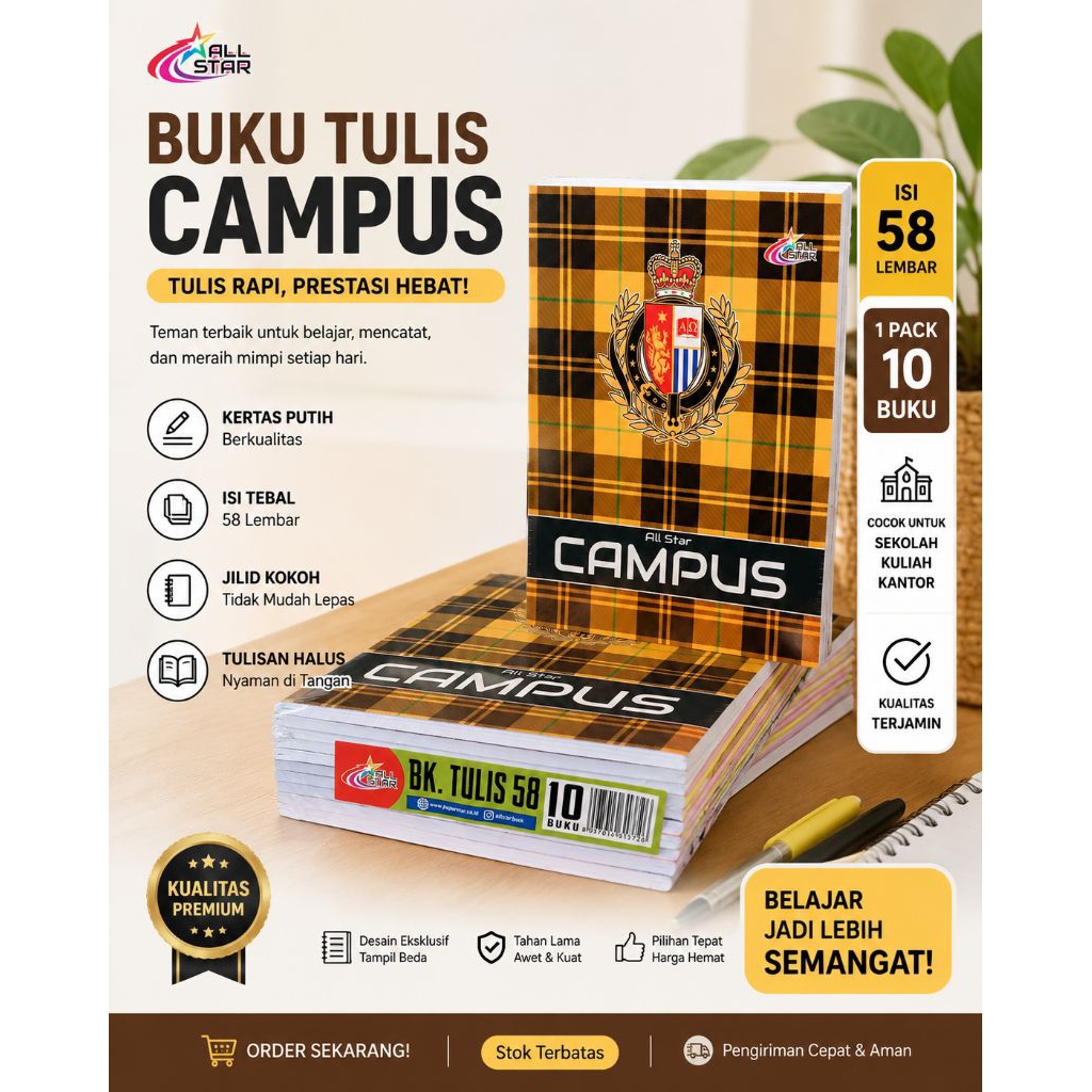 Buku Tulis Sekolah Campus Allstar 58 Lembar HVS 70 Gr Tebal, 1 Pak isi 10 Buku ukuran B5s 16x20,5 cm