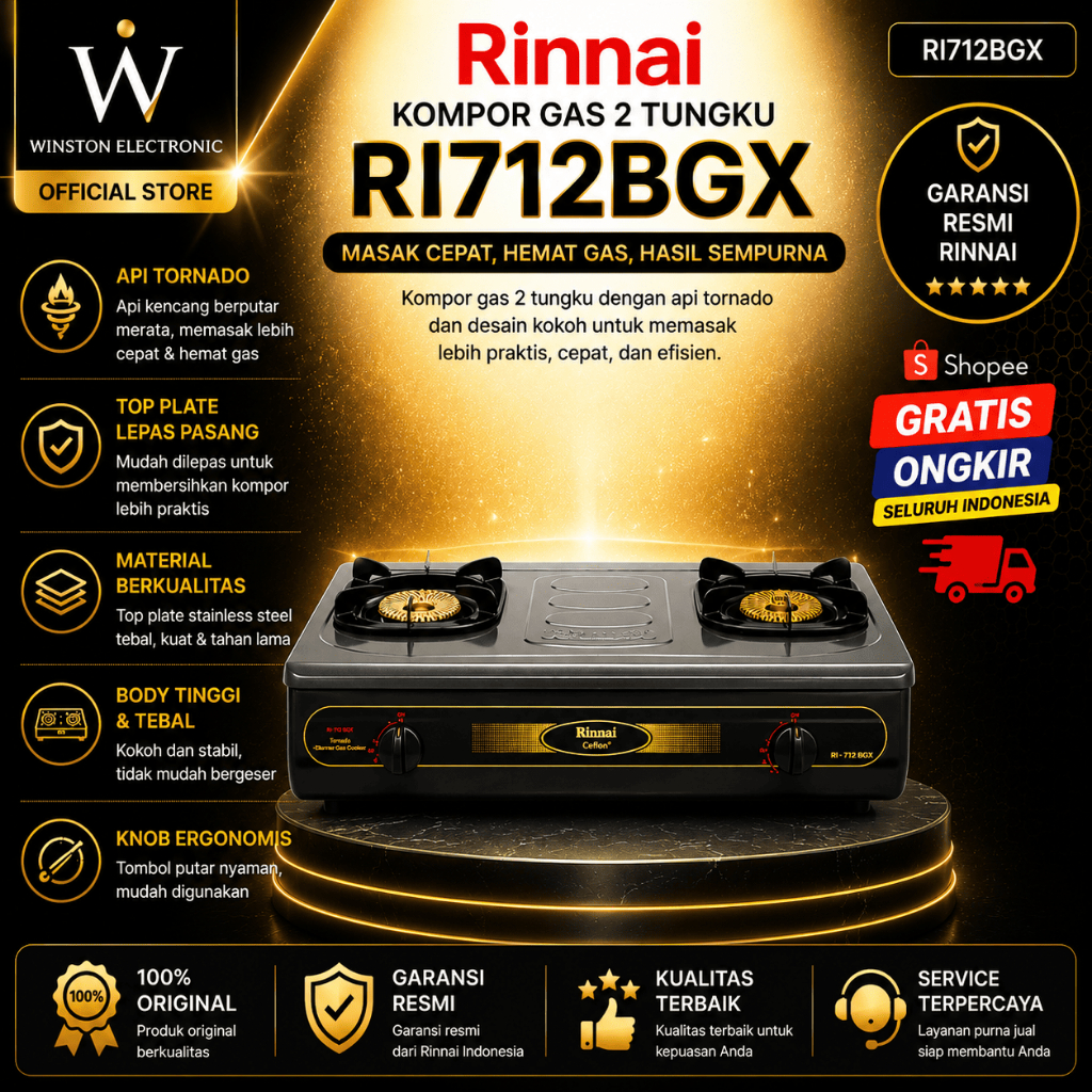 KOMPOR GAS RINNAI 2 TUNGKU RI 712BGX/RI712BGX/RI712 BGX/RI-712BGX/RI-712 BGX/ORIGINAL GARANSI RESMI