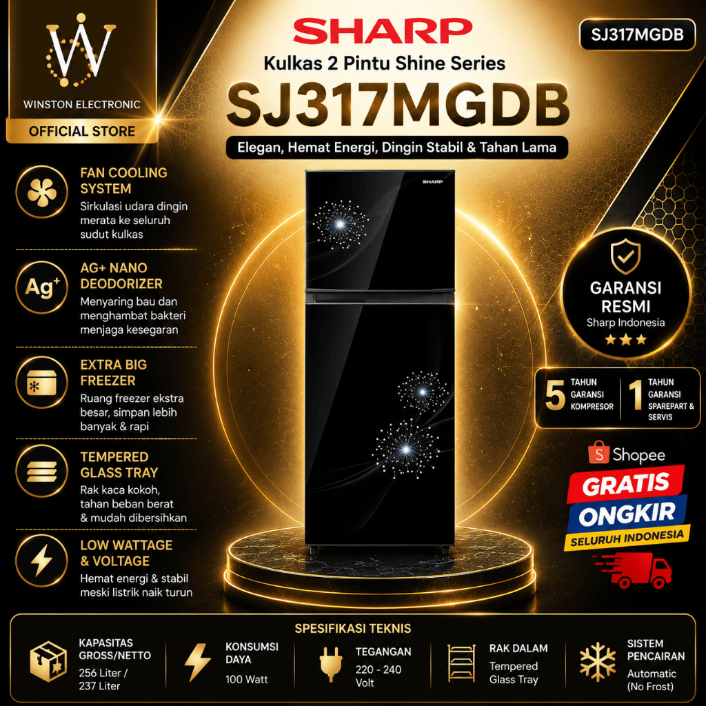 Kulkas SHARP 2 PINTU SJ317MGDB 205L/SJ-317MGDB/SJ 317MDGB/SHARP KULKAS 2PINTU MURAH ORIGINAL GARANSI