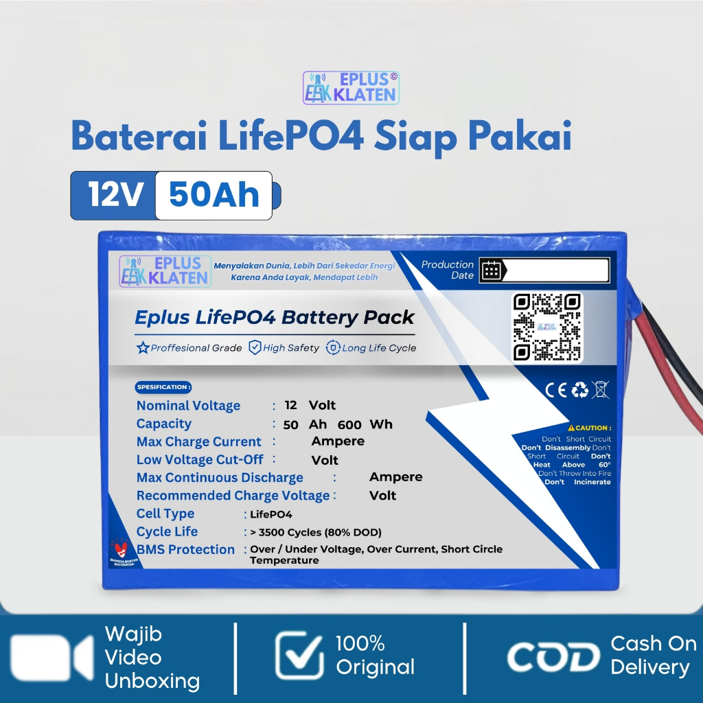 Baterai 12V 50Ah + BMS 12 Volt 50A Used Battery Pack Setrum PDC PAC PLTS Backup Wifi Server Listrik 